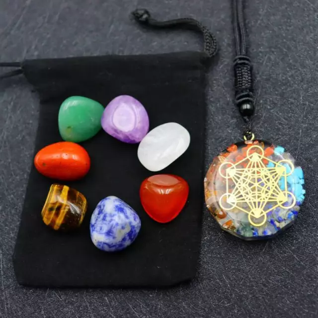 Natural 7 Chakra Healing Crystal Tumbled Stone Set Orgonite Pendant W/ Gift Bag