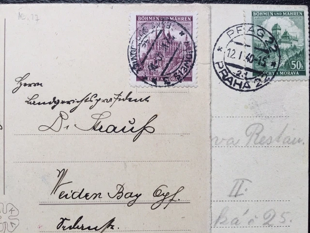 Böhmen und Mähren 1940 / 2 Ansichtskarten / Budweis, Prag gestempelt