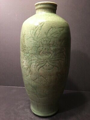 Antique Large Chinese Longquan Celadon Vase, Ming Dynasty, 15th Century