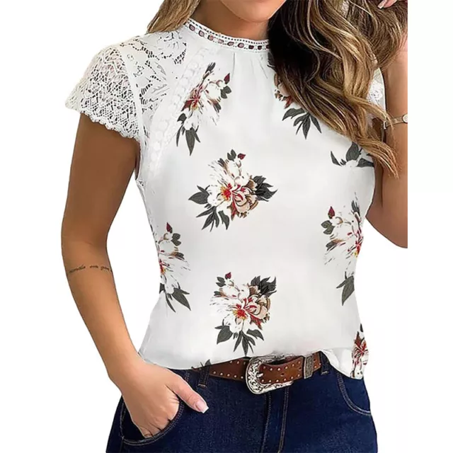 Women's Tops Summer Round Neck Lace Printed Short Sleeved Casual T-shirt