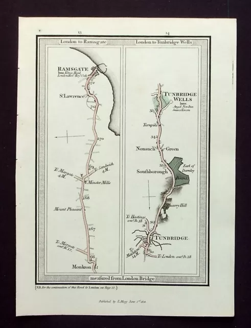 KENT, MONKTON, RAMSGATE, TUNBRIDGE WELLS, original antique road map, MOGG, 1817