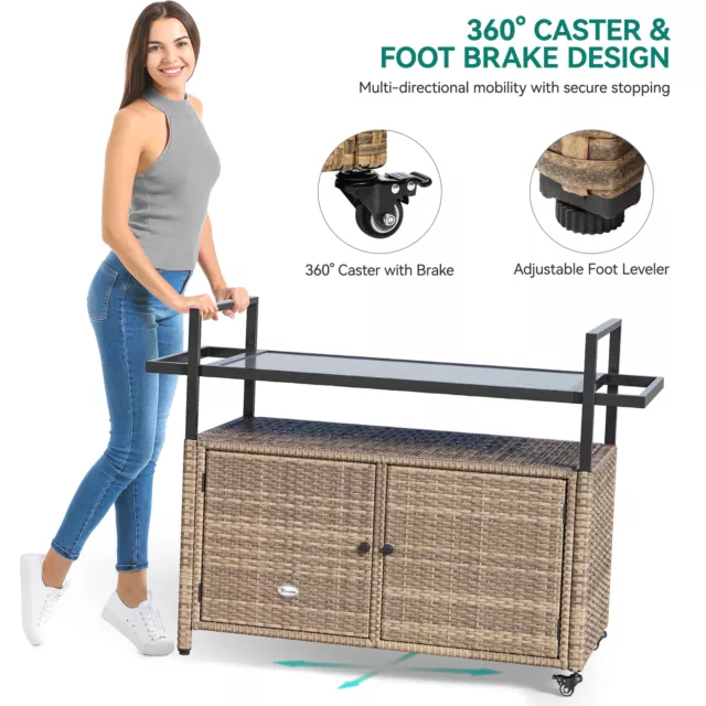 Portable Outdoor Wicker Table with Storage Cabinet for Patio Kitchen and Bar