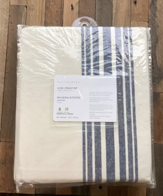 NEW PotteryBarn Riviera Striped 50x84 COTTON LINED Curtain Drape Panel Navy Blue