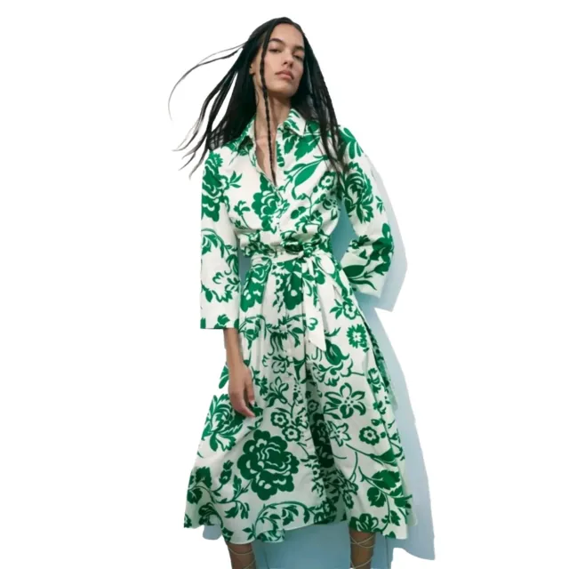Zara Women's Floral Printed Poplin Button Up Midi Dress Medium