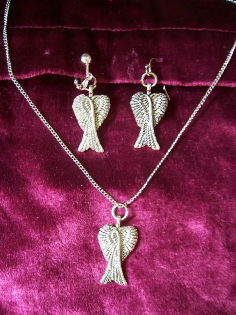 Angel wing necklace and earrings set crossed wings Tibetan Silver