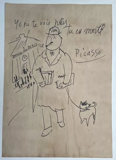 Pablo Picasso (Handmade) Drawing On Old Paper Signed & Stamped, vtg art