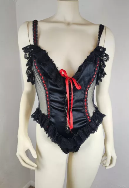 TOSCA of California Teddy Romper Lingerie Medium Black Nylon Lace Red Snap