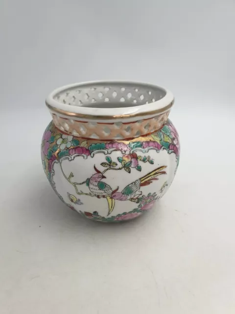 Vase Pot Pot Vintage Famille Chinoise Médaillon Rose Peint À La Main Oiseaux Floraux Pierc Or