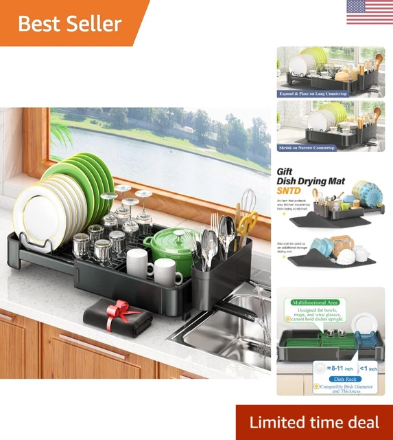Expandable Dish Drying Rack - Rustproof Aluminium - Auto-Drain - Utensil Holder