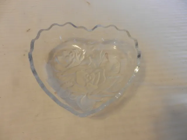 Small Heart Shape Glass Candy Dish With Embossed Roses & Leaves, Scallop edges
