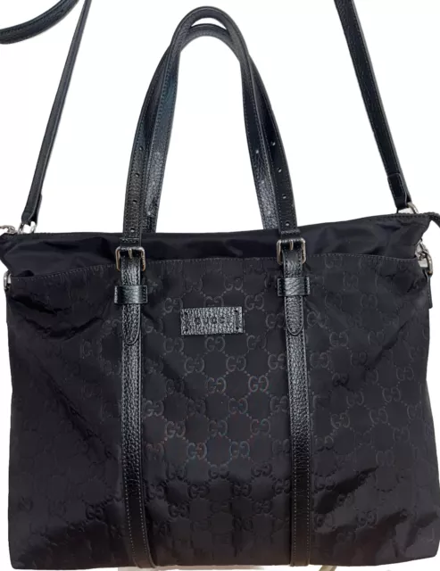 Gucci Nylon Monogram 2-Way Tote Black Detachable Strap  Leather Trim & Silver HW