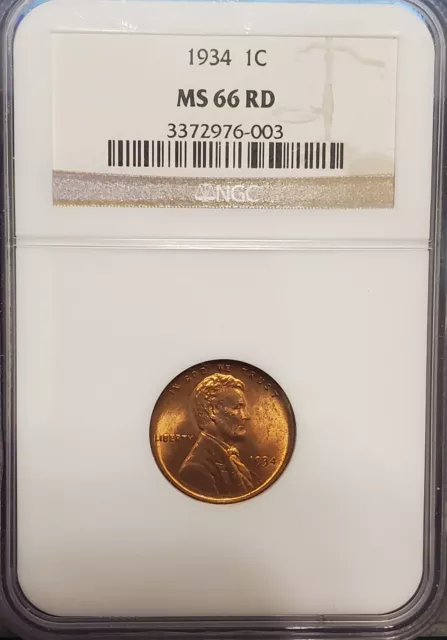 1934 P  Lincoln Head Cent  NGC  MS66 RD   Beautiful 30's Wheatie