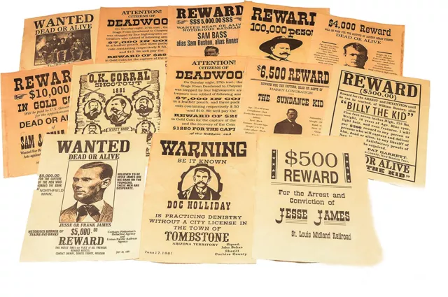 12 Outlaw Wanted Reward Posters Jessie James Doc Holiday Old West Man Cave