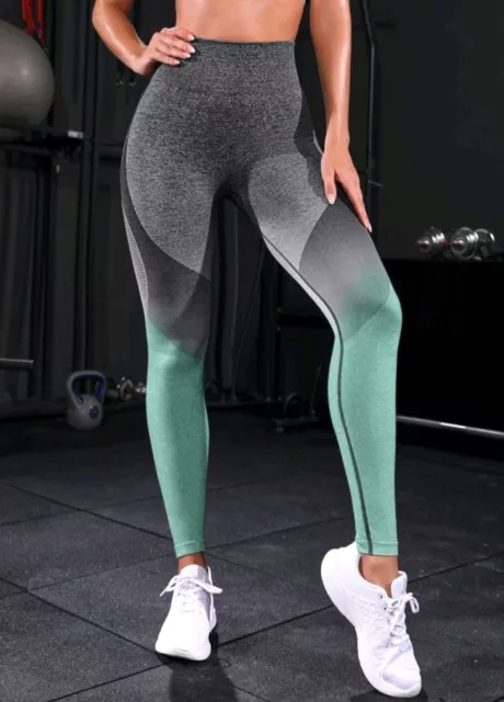 Womens Leggings Size Medium Black Mint Green Ombre Wide Waistband yoga pants