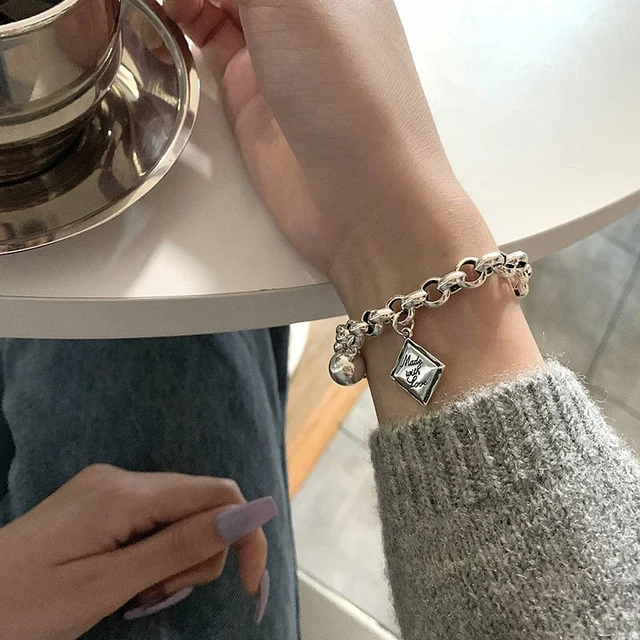 925 Silver English Square Charms Bracelet Thai Silver Charm Jewelry Women Gifts