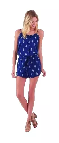 Mud Pie Women's Denver Shorts Romper, Navy and White Ikat Print New Size Small