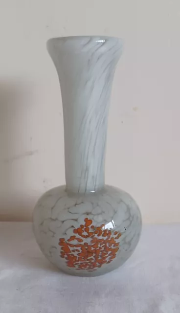 Vintage Mdina Malta Art Glass Vase White Orange Mottled Swirl Bulb Base Signed