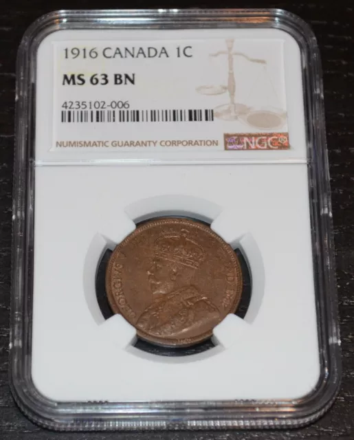 1916 1C Canada One Cent - Graded by NGC as MS 63 BN