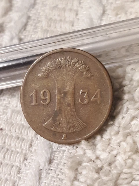 1934 1 Pfennig  ~ Germany Bronze Penny ~ German, Heavily Circulated, See Photos