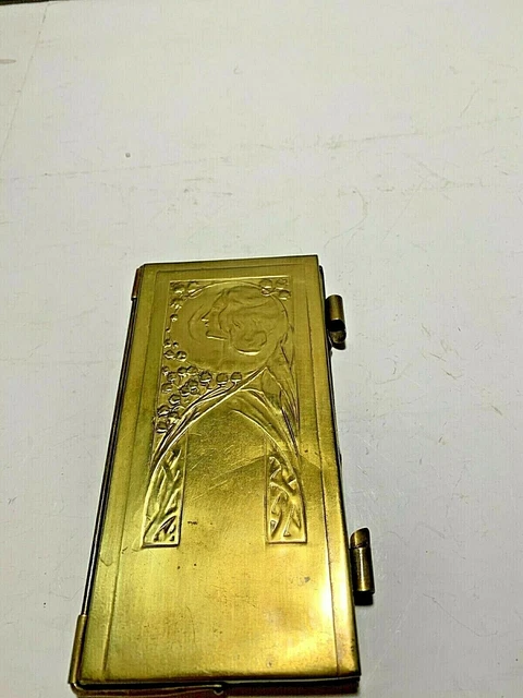 VINTAGE Brass Notepad Holder Repousse WOMEN'S HEAD HINGED  6" X 3" NO Paper