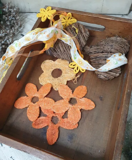 Konvolut 4x Sisalblüte 2x Rebenherz Hänger gelb orange Bänder Floristik Basteln