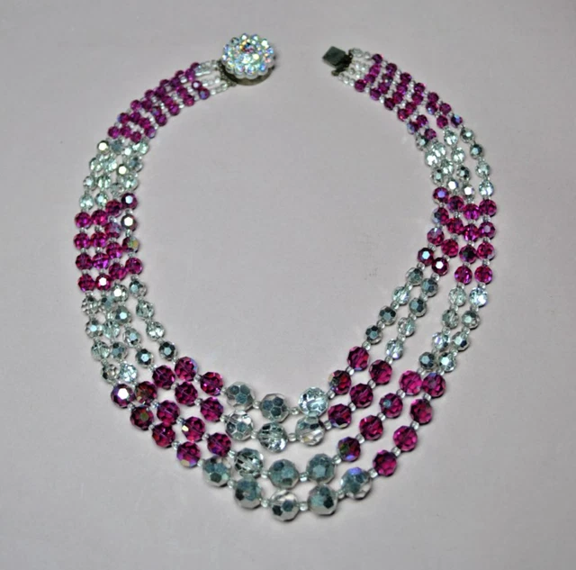 Collier Vintage En Perles De Verre Violet Facettées - Bohême, 2 Rangs, Bijou Rétro
