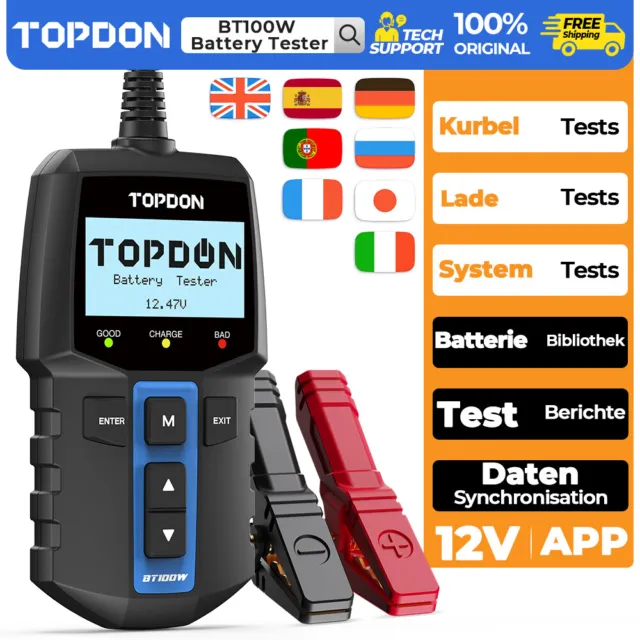 2023 TOPDON BT100W Probador de batería 12V Sistema de prueba Apto para teléfonos