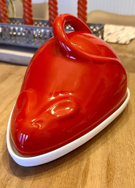 Vintage Italian Bellini Red Mouse Ceramic Cheese Dish Plate Retro