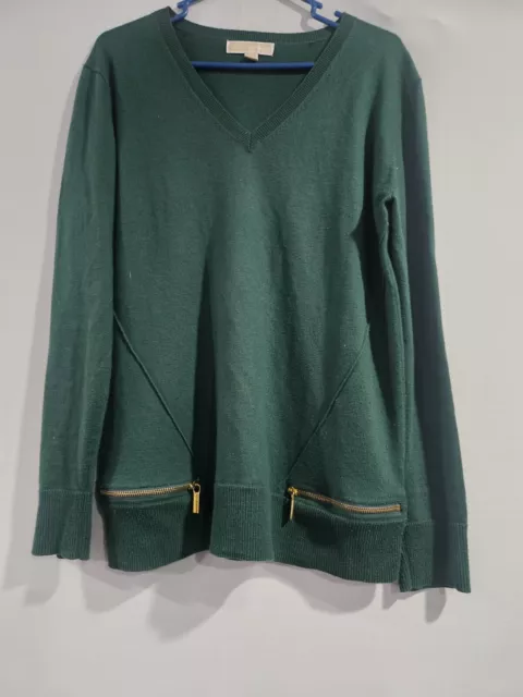 Womens Michael Kors Emerald Gold Zipper Pullover Sweater Large V-neck