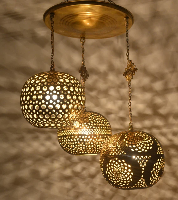 Handcrafted Moroccan Oxidize Brass 3 in 1 Pendant Lamps Ceiling Lights