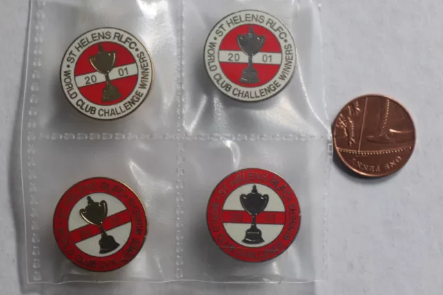 Four St Helens Rugby League Football Club enamel badges 2001 World Club Winners