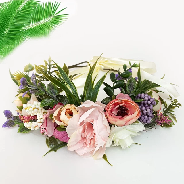 Coroncina Di Fiori Per Capelli - Ghirlanda Floreale Con Nastro Regolabile - Per Matrimoni, Festa O Spiaggia - Con Bracciale Coordinato - Foto 5