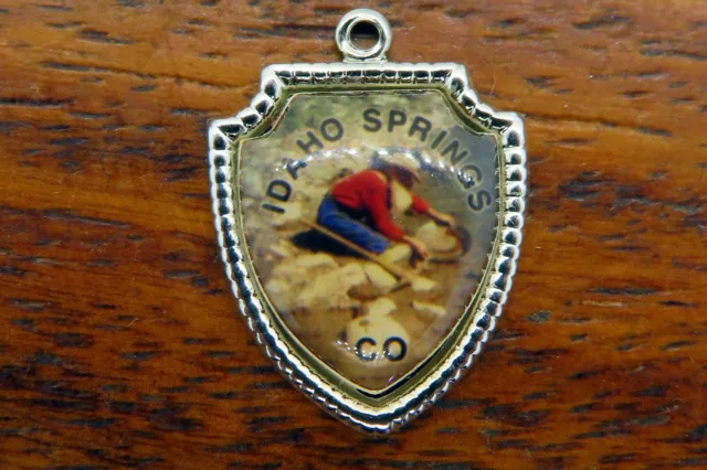 Vintage silver IDAHO SPRINGS COLORADO GOLD RUSH MINER TRAVEL SHIELD charm 26-19