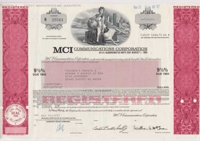 1987 MCI Communications Bond Stock Certificate