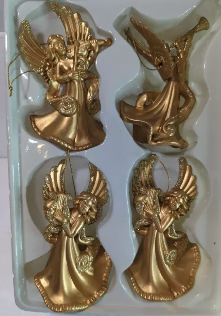 Lot Of 4 Glittered Golden Angels playing instruments tree ornaments used