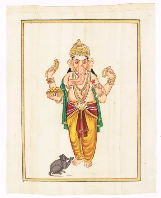 Lord Ganesha Peinture Main Indien Religieux Dieu Sur Soie Vêtements 17.8x22.9cm