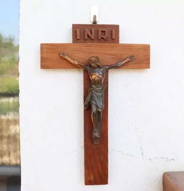 Wall Antique Crucifix Cross Christ Jesus Wood Metal 1800s vintage Rare Blessed