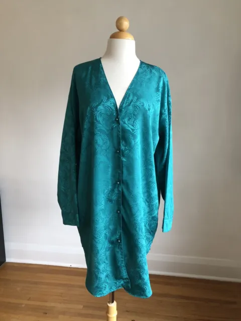 GORGEOUS VTG ADONNA green silky satin button-up nightgown SZ M/L