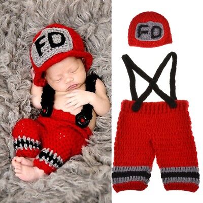Newborn Crochet Knit Hat Firemen Photo Baby Girls Boys Photography Prop Outfits.