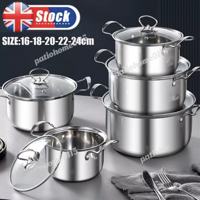 5Pcs Stainless Steel Cookware Stock Pot Set Kitchen Casserole with Glass Lids UK