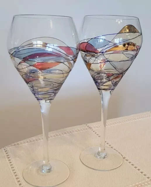 Wine Glasses set of 2 Unique Hand Painted Mosaic Multi Colored Used Excellent