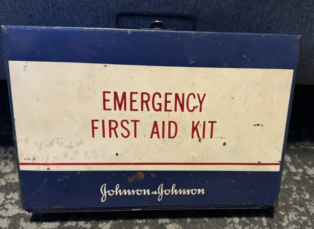 Vintage Full Johnson And Johnson Emergency First Aid Kit Metal Wall Mount Box