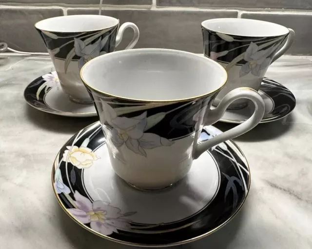 Mikasa Fine China Japan Charisma Black Coffee Tea Cup & Saucer Set Of 3