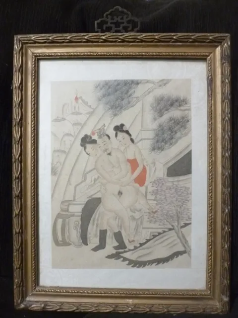 Antique Chinese Erotic Amorous Painting 19thC Watercolour or Tempera on Papper 1