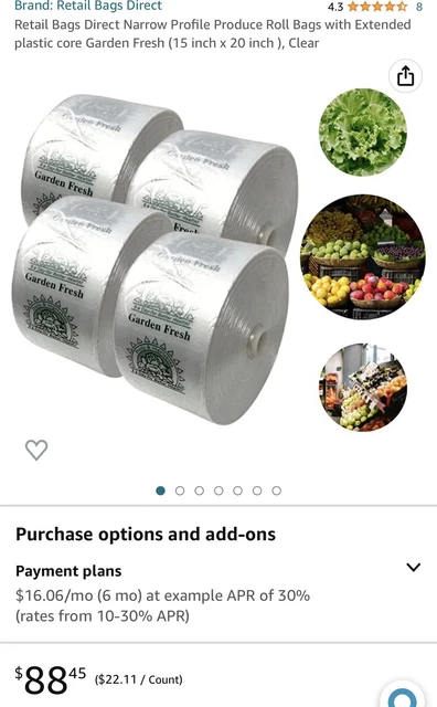 Narrow Profile Produce Roll Bags with an extended plastic core Garden Fresh