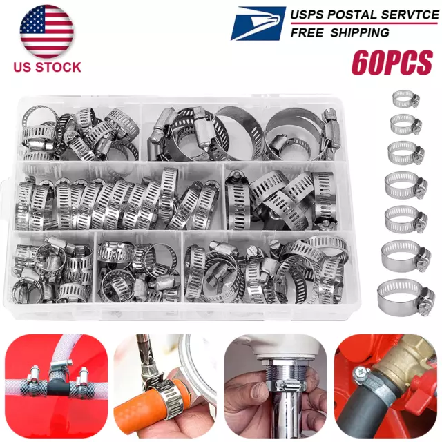 60pcs Adjustable Hose Clamps Worm Gear Stainless Steel Clamp 7 Sizes Assortment