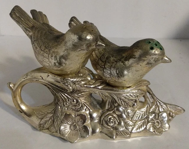 Vintage Painted Cast Metal Salt & Pepper Bird Shakers on Log Base Some Oxidation
