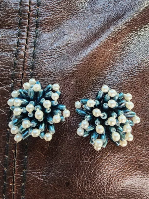 HONG KONG VINTAGE Pearl And Blue Clip On Earrings $4.00 - PicClick