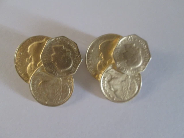 Hand Made Gold Tone 3 Coins Wall Street  Earrings