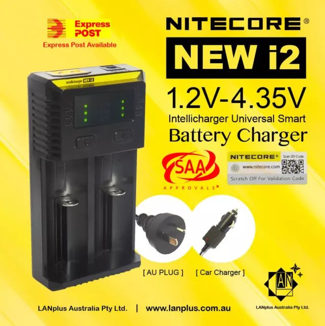 Nitecor New I2 Universal Smart Battery Charger 2 Slots with Car Adapter 26650